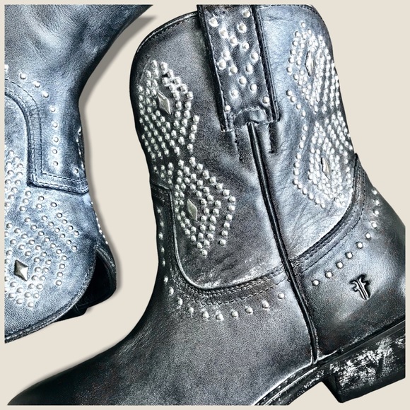 Frye Billy Stud/Diamond Black/Grey Short Festival Party Cowboy Short Ankle Boots - Picture 14 of 16